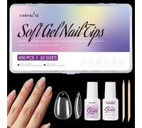 Canvalite Short Almond Fake Nails, Short Basic Gel Nail Tips For Diy Full Cover - 450PCS Most Forgiving Almond Shape Press On Nail Extensions At Home, 15 Sizes Gelly Tips