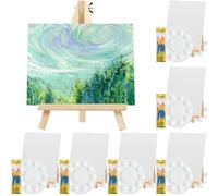 Canvas and Easel Set, Art Painting Set with 78 pcs (6 PCS 9" Wood Easels, 6 Canvas Boards, 6 Palette and 60 Brushes) Painting Supplies kit for Adults & Kids to Painting Party