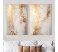 Canvas and Gold Abstract Painting - Beige Wall Art with Grey and Brown Neutral Prints - White and Gold 16x24inch x2 No Frame