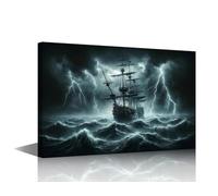 Canvas Art Decorations Ship Was Bombarded by Lightning Wall Pictures for Living Room Bedroom Sailboat Canvas Wall Art Modern Painting 1 Panel Prints Wall Art on Canvas Framed Ready to Hang 18x12 in