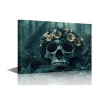 Canvas Art Wall Decor Scary Halloween Skull Canvas Paintings Wall Artwork Human Skulls Painting Walls Art Framed Skull and Flowers Poster Artwork Skulls Pictures for Living Room Walls(24"Wx16"H)