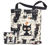 Canvas Bag, Women's Totes, Aesthetic Cat Gift Bag with Makeup Pouch Bag, Cute Fabric Tote Bag with Fluffed up Cat Pattern for Women Ladies Girls Working