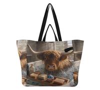 Canvas Bags Reusable Kitchen Grocery Bags Large Tote Bag for Men Bridesmaid Presents American-style Highland Cow Bath - Overhead View