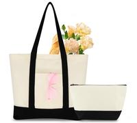Canvas Beach Bag for Women with Makeup Bag, DIY Personalized Blank Tote Bag with Zip, Large Capacity Shopping Bag Travel Bag Reusable Shoulder Bag Handbag for Holiday Picnic Shopping (Beige)