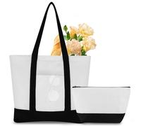 Canvas Beach Bag for Women with Makeup Bag, DIY Personalized Blank Tote Bag with Zip, Large Capacity Shopping Bag Travel Bag Reusable Shoulder Bag Handbag for Holiday Picnic Shopping (White)