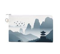 Canvas Coin Purse Cartoon Birds And Bees Small Wallets for Women Slim Wallet with Zipper Key Ring Cute Change Purse Small Zipper Pouch, Chinese Style Landscape, One Size, Pattern
