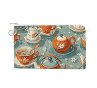 Canvas Coin Purse French Country Style Small Wallets for Women Slim Wallet with Zipper Key Ring Cute Change Purse Small Zipper Pouch, Teapot and Mug, One size