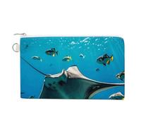 Canvas Coin Purse French Country Style Small Wallets for Women Slim Wallet with Zipper Key Ring Cute Change Purse Small Zipper Pouch, Manta Ray and Fishes, One size