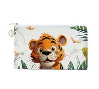 Canvas Coin Purse Golden Retriever And Flowers Small Wallets for Women Slim Wallet with Zipper Key Ring Cute Change Purse Small Zipper Pouch, Cartoon tiger, One Size