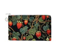 Canvas Coin Purse Linear Texture Beige Small Wallets for Women Slim Wallet with Zipper Key Ring Cute Change Purse Small Zipper Pouch, Strawberry Pattern, One size