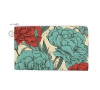 Canvas Coin Purse Linear Texture Beige Small Wallets for Women Slim Wallet with Zipper Key Ring Cute Change Purse Small Zipper Pouch, Carnations of Red Colors, One Size, Pattern