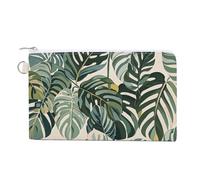 Canvas Coin Purse Mystic Tarot Card Sun And Moon Face Small Wallets for Women Slim Wallet with Zipper Key Ring Cute Change Purse Small Zipper Pouch, White ed Tropical Botanical Leaves, One Size