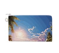 Canvas Coin Purse Witch And Broom Small Wallets for Women Slim Wallet with Zipper Key Ring Cute Change Purse Small Zipper Pouch, Summer beach with palm trees, One Size