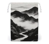 Canvas Drawstring Bags 12 * 18cm, Double Sided Printed Portable Storage Pouch for Jewelry & Toys, Reusable Black And White Mountain Gift Bag for Travel, Wedding