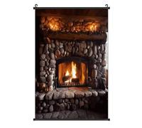Canvas Exquisite Art Scroll Hanging Posters Prints Christmas Rock Stone Fireplace Pattern Wooden Mantel Printed Painting Art Mural Living Room Bedroom Wall Decoration Hanging Scroll 16 X 24 Inch