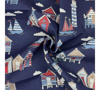 Canvas Fabric - Beach Huts Lighthouse Boats Seaside Print on Navy Blue - Craft Fabric Material