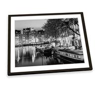 Canvas Geeks Amsterdam Canal City Night B&W FRAMED ART PRINT Picture Poster Artwork - Black Frame - Size A4