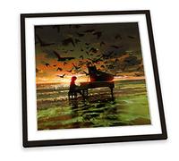 Canvas Geeks Music Piano Birds Sunset Beach FRAMED PRINT ART Picture Square Poster Artwork - Black Frame - 45cm x 45cm