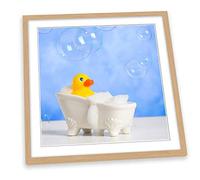 Canvas Geeks Rubber Duck Bathroom Bubble Blue FRAMED PRINT ART Picture Square Poster Artwork - Light Oak Frame - 25cm x 25cm