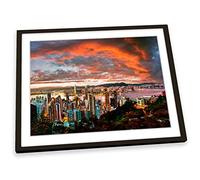 Canvas Geeks Victoria Bay Hong Kong Sunset FRAMED ART PRINT Picture Poster Artwork - Black Frame - Size A4