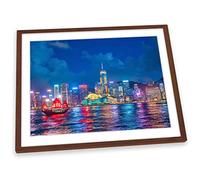 Canvas Geeks Victoria Harbour Hong Kong Blue FRAMED ART PRINT Picture Poster Artwork - Walnut Frame - Size A4