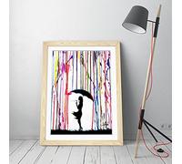 CANVAS MONKEY Banksy Coloured Rain Girl Umbrella Framed Wall Art Picture Print - A1 - Light Oak Frame