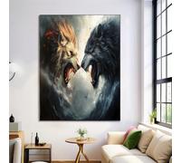 Canvas Painting 3D Printing Decorative Brown-Black Lion Black Wolf Children Poster Wall Art Canvas Fighting Animals Home Kid Baby Living Room Decoration Picture,50X70Cm Unframed