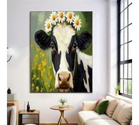 Canvas Painting 3D Printing Decorative Green Daisy Cow Children Poster Wall Art Canvas Oil Painting Animals Home Kid Baby Living Room Decoration Picture,60X90Cm Unframed