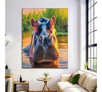 Canvas Painting 3D Printing Decorative Yellow-Green Sunset Hippo Children Poster Wall Art Canvas African Animals Home Kid Baby Living Room Decoration Picture,80X120Cm Unframed