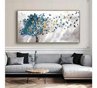 Canvas Painting Abstract Gold Butterfly Blue Tree Landscape Wall Art Pictures Print Boutique For Home Living Room Decor 80x160cm Frameless