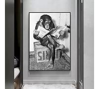 Canvas Painting Funny Monkey Reading Newspaper Poster and Print Business Black White Wall Art for Living Room Home Decor 80x112cm(31x44in) Frameless
