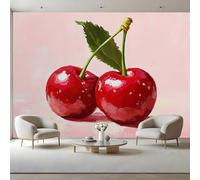 Canvas Peel and Stick Wall Mural Red Cherry Large Photo Wallpaper Light Pink Self Adhesive Removable Fabric Wall Covering for Living Room 100x70 cm