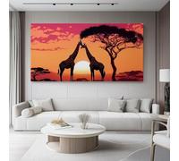 Canvas Pictures Giraffe Grassland Sunset Canvas Poster Wall Art Modern Home Decor Print Painting Geometric 76L x 51W cm No Frame Prints for Living Room Orange Black