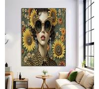 Canvas Pictures Leopard Print Beauty Art Prints Wall Art Olive Green Frameless Canvas Painting Poster Retro Sunflower Photo Print Picture Living Room Bedroom Decorations (80X120Cm)