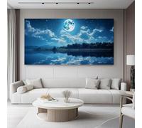 Canvas Pictures Moonlight Night Lake Scenery Canvas Poster Wall Art Modern Home Decor Print Painting Geometric 120L x 50W cm No Frame Prints for Living Room Blue Silver