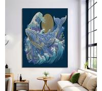 Canvas Pictures Ocean Wave Whale Art Prints Wall Art Navy Blue Frameless Canvas Painting Poster Japanese Animals Photo Print Picture Living Room Bedroom Decorations (60X80Cm)