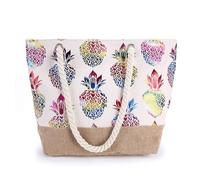 Canvas Pineapple Tote Bag, Large Beach Handbag with Zipper, Rope Handle, Travel Shopping Bag for Women
