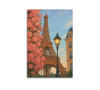 Canvas Posters Wall Art for Bedroom And Living Room Decor - Landscape Illustration-style Paris Eiffel Tower Cherry Blossom Street Scene 16x24inch(40x60cm) Unframe-style
