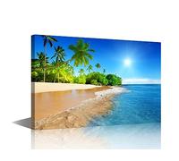Canvas Print Wall Art - Frame Style Wall Art - Beautiful Tropical Beach with White Sand, Clear Sea and Palm Trees Under Blue Sunny Sky Canvas Wall Art Wall Decor Ready to Hang (24" W x 16" H)