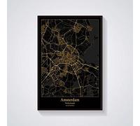 Canvas Print Wall Art Picture,Amsterdam Netherlands City Map Wall Art Posters Modern Large Prints Pictures Black Gold City Rectangle Paintings Pop Murals Artwork For Home Decor,50X70Cm/19.68X27.55 In