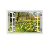 Canvas Print Wall Art Window View,Yellow daffodils in botanical garden,Nature Wilderness Photography Realism Rustic Scenic Colorful Relax/Calm Ultra for Living Room120x80cm(47x31in) Frameless