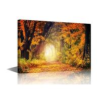 Canvas Print Wall Mural Path Through Autumn Fall Season Tree Forest Nature Wilderness Photography Realism Landscape Multicolor for Living Room, Bedroom, Office Ready to Hang (18" Wx12 H)