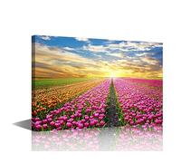 Canvas Print Wall Mural Vibrant Neon Sunset Pink Tulip Flower Field Nature Wilderness Photography Realism Landscape Multicolor for Living Room, Bedroom, Office Ready to Hang (18" W x 12" H)