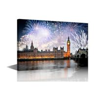 Canvas Prints Artwork Fireworks over Big Ben Clock Tower Painting Westminster Picture Print on Canvas London Cityscape Wall Art for Home Decoration Framed Ready to Hang - 16" x 24"