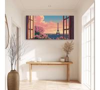 Canvas Prints Pink Floral Trees Eiffel Tower Poster Print, Large Size Wall Art Romanticism Home Decor for Bedroom Home Office Decorations 100 x 75 cm Frameless