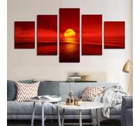 Canvas Prints Wall Art Canvas Paintings Modular 5 Pieces Sunset Red Sun Sea Natural Landscape Poster Seascape Pictures Living Room Home Decor Frameless 200x100cm