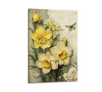 Canvas Prints Wall Art Posters Plant Animal Vintage Collage Yellow Daffodils And Butterfly Frame-style Modern Living Room And Bedroom Decor 24x36inch(60x90cm)