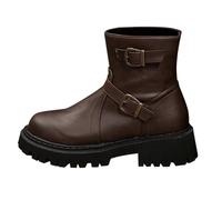 Canvas Shoes Women's Wedge Heel Foreign Trade Round Head Side Zip Belt Buckle Square Heel PU European and American Women's Short Boots and Winter Men Black 45, coffee, 6 UK