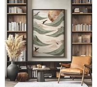 Canvas Textured Wall Art, Japanese Waves Wabi Sabi Art, Flying Bird Japandi Poster, Earth Tone Scandi Zen Wall Art 70x100cm framework