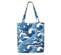 Canvas Tote Bag Aesthetic For Women, Reusable Tote Shoulder Bags For Vacation, Shopping, Work, Grocery, The Great Wave Off Kanagawa Japanese Blue White, One Size